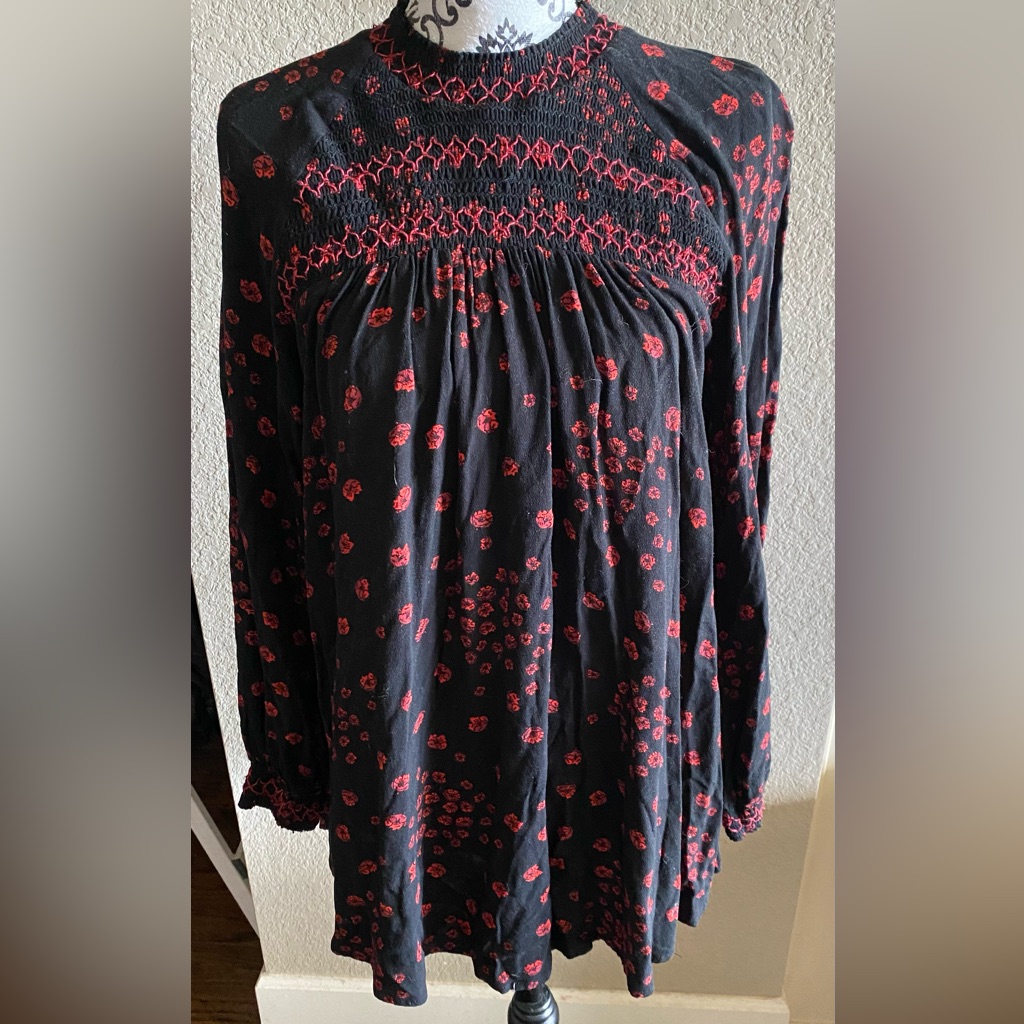 Free People S Top Black Boho Blouse Long Sleeve Button Neck Floral Lined Shirt